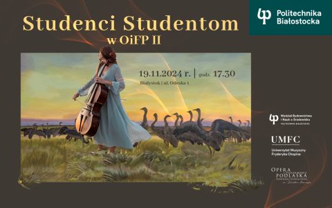Grafika promująca koncert kobieta z wiolonczelą w otoczeniu gęsi